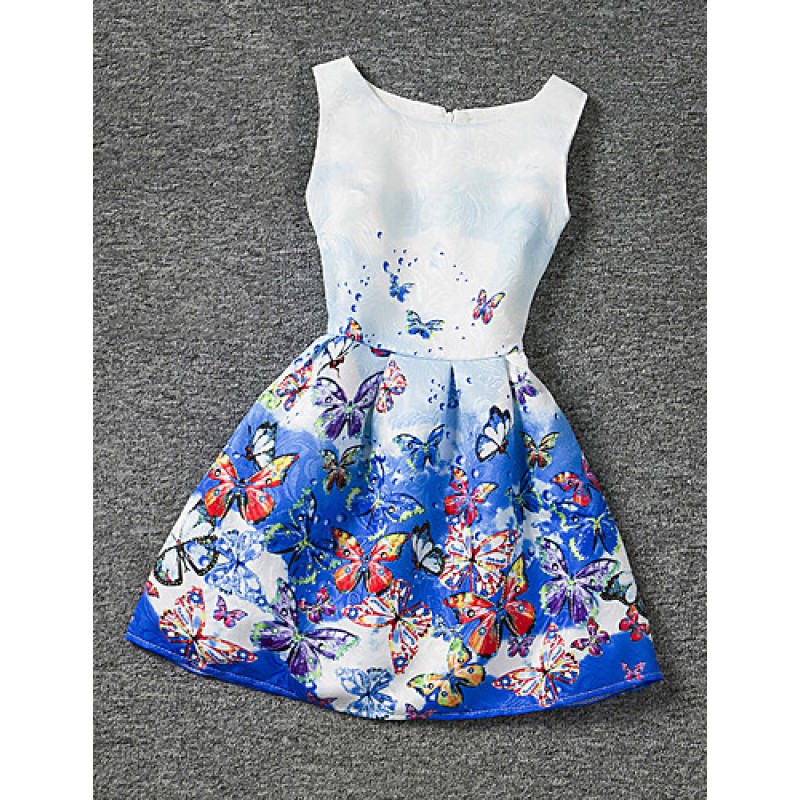 Girl's Blue Dress,Print Polyester Summer  
