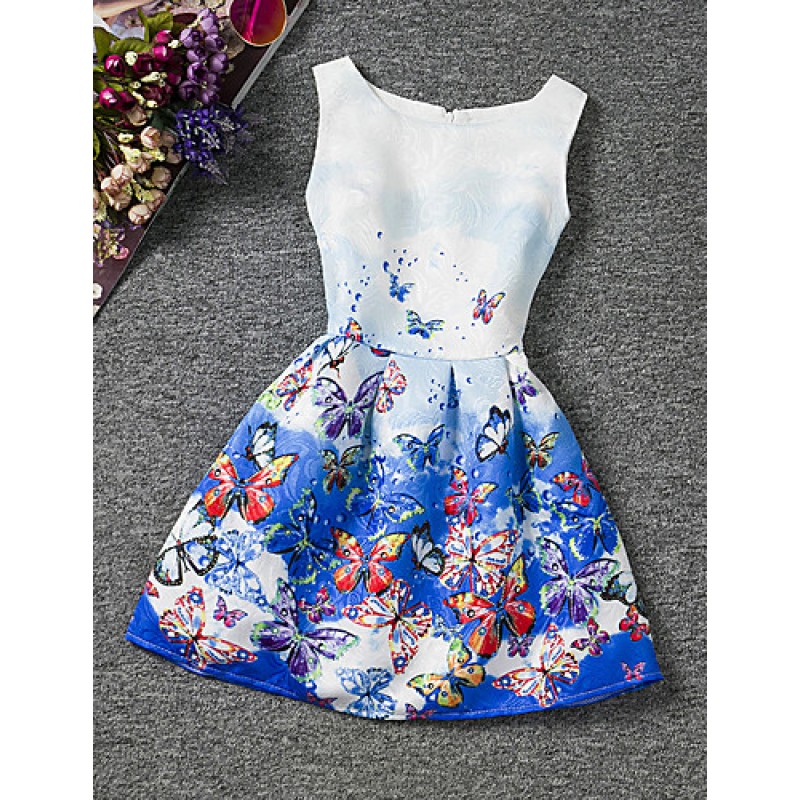 Girl's Blue Dress,Print Polyester Summer  